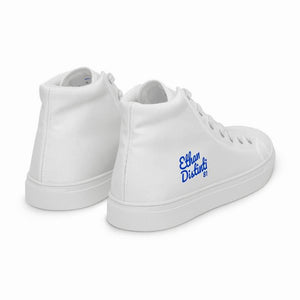 EDM - White - Royal Blue Text - Men’s High Top Canvas Sneakers