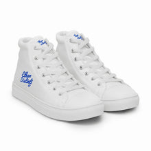 Load image into Gallery viewer, EDM - White - Royal Blue Text - Men’s High Top Canvas Sneakers
