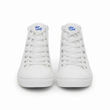 Load image into Gallery viewer, EDM - White - Royal Blue Text - Men’s High Top Canvas Sneakers
