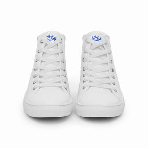 EDM - White - Royal Blue Text - Men’s High Top Canvas Sneakers