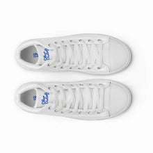 Load image into Gallery viewer, EDM - White - Royal Blue Text - Men’s High Top Canvas Sneakers
