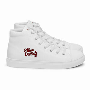 202.B - White - Maroon/Black Text - Women’s High Top Canvas Sneakers