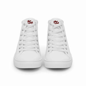 202.B - White - Maroon/Black Text - Women’s High Top Canvas Sneakers