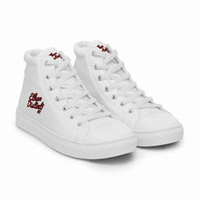 Load image into Gallery viewer, 202.B - White - Maroon/Black Text - Men’s High Top Canvas Sneakers
