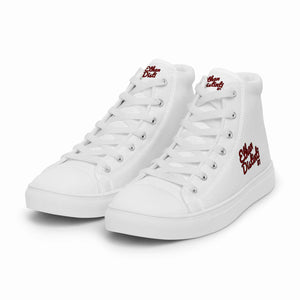 202.B - White - Maroon/Black Text - Men’s High Top Canvas Sneakers