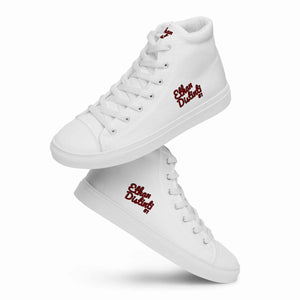 202.B - White - Maroon/Black Text - Men’s High Top Canvas Sneakers