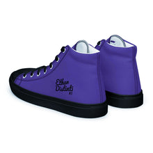 Load image into Gallery viewer, EDM - Purple - Black Text - Men’s High Top Canvas Sneakers
