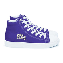 Load image into Gallery viewer, 410.A - Purple - White/Old Gold/Black Text - Men’s High Top Canvas Sneakers *NOTE: The sole of the sneakers is available in 2 colors: Black or White
