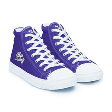 Load image into Gallery viewer, 410.A - Purple - White/Old Gold/Black Text - Women’s High Top Canvas Sneakers *NOTE: The sole of the sneakers is available in 2 colors: Black or White
