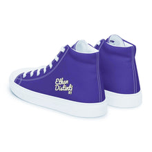 Load image into Gallery viewer, 410.A - Purple - White/Old Gold/Black Text - Men’s High Top Canvas Sneakers *NOTE: The sole of the sneakers is available in 2 colors: Black or White
