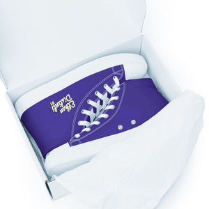 410.A - Purple - White/Old Gold/Black Text - Women’s High Top Canvas Sneakers *NOTE: The sole of the sneakers is available in 2 colors: Black or White