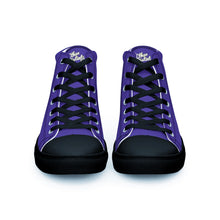 Load image into Gallery viewer, 410.A - Purple - White/Old Gold/Black Text - Men’s High Top Canvas Sneakers *NOTE: The sole of the sneakers is available in 2 colors: Black or White
