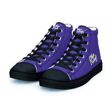 Load image into Gallery viewer, 410.A - Purple - White/Old Gold/Black Text - Men’s High Top Canvas Sneakers *NOTE: The sole of the sneakers is available in 2 colors: Black or White
