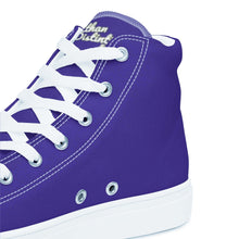 Load image into Gallery viewer, 410.A - Purple - White/Old Gold/Black Text - Women’s High Top Canvas Sneakers *NOTE: The sole of the sneakers is available in 2 colors: Black or White
