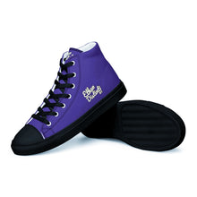 Load image into Gallery viewer, 410.A - Purple - White/Old Gold/Black Text - Women’s High Top Canvas Sneakers *NOTE: The sole of the sneakers is available in 2 colors: Black or White
