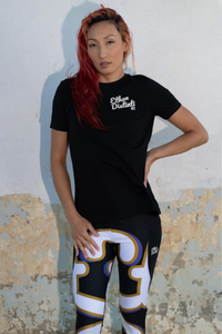 410.B(W) - Black - Small Print- White/Old Gold/Purple Text -  Women's Relaxed T-Shirt