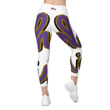 Load image into Gallery viewer, 410.C - White - Purple/Old Gold/Black -  Wrap Around - Leggings With Pockets
