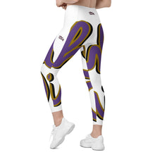 Load image into Gallery viewer, 410.C - White - Purple/Old Gold/Black -  Wrap Around - Leggings With Pockets
