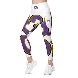 410.C - White - Purple/Old Gold/Black -  Wrap Around - Leggings With Pockets