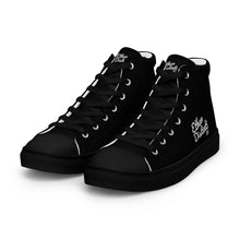 Load image into Gallery viewer, EDM - Black.2 - White Text - Men’s High Top Canvas Sneakers
