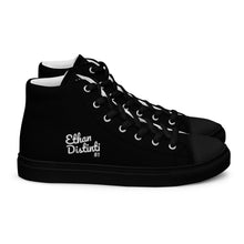 Load image into Gallery viewer, EDM - Black.2 - White Text - Men’s High Top Canvas Sneakers
