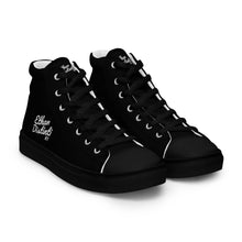 Load image into Gallery viewer, EDM - Black.2 - White Text - Men’s High Top Canvas Sneakers
