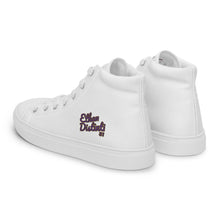 Load image into Gallery viewer, 410.C - White - Purple/Old Gold/Black Text - Men’s High Top Canvas Sneakers
