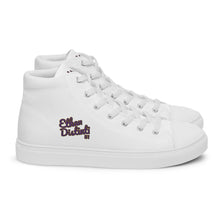 Load image into Gallery viewer, 410.C - White - Purple/Old Gold/Black Text - Men’s High Top Canvas Sneakers
