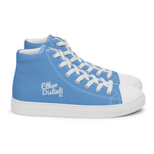 Load image into Gallery viewer, EDM - Jordy Blue - White Text - Men’s High Top Canvas Sneakers
