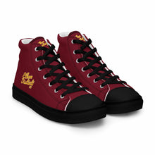 Load image into Gallery viewer, 202.C - Burgundy - Gold/White Text - Men’s high Top Canvas Sneakers       *NOTE: The sole of the sneakers is available in 2 colors: Black or White
