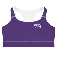 Load image into Gallery viewer, Art 101 - Purple - White Text - White Piping - Sports Bra
