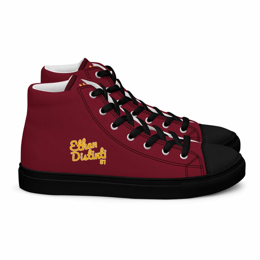 202.C - Burgundy - Gold/White Text - Men’s high Top Canvas Sneakers       *NOTE: The sole of the sneakers is available in 2 colors: Black or White