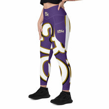 Load image into Gallery viewer, 410.A - Purple - White/Old Gold/Black - Wrap Around.2 - Leggings With Pockets
