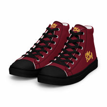 Load image into Gallery viewer, 202.C - Burgundy - Gold/White Text - Men’s high Top Canvas Sneakers       *NOTE: The sole of the sneakers is available in 2 colors: Black or White
