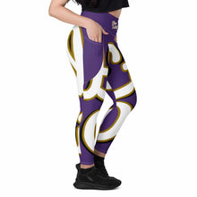 Load image into Gallery viewer, 410.A - Purple - White/Old Gold/Black - Wrap Around.2 - Leggings With Pockets
