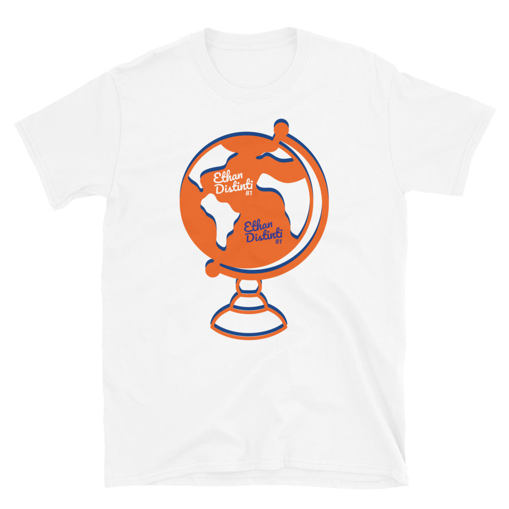 Ethan Globe - White - Orange / Royal Blue Globe - White Text, Royal Blue Text - Short-Sleeve Unisex T-Shirt