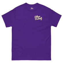 Load image into Gallery viewer, 410.A - Purple - Small Print - White/Old Gold/ Black Text - Unisex Classic Tee
