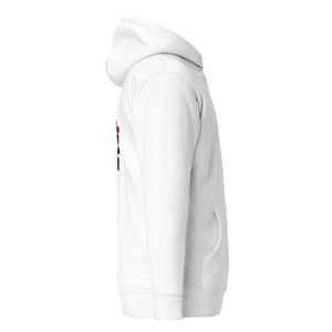 202.B - White - Maroon/Black Text - Design On Back/Front - Unisex Hoodie