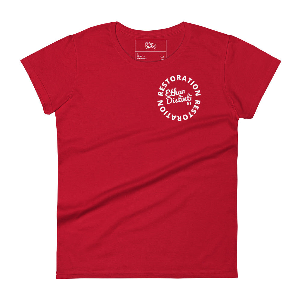 RESTORATION - True Red - White Text - Women's Short Sleeve T-Shirt