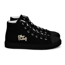 Load image into Gallery viewer, 410.B - Black - White/Old Gold/Purple Text - Women’s High Top Canvas Sneakers
