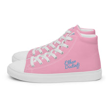 Load image into Gallery viewer, EDW - Pink - Sky Blue Text - Women’s High Top Canvas Sneakers
