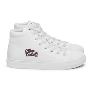 410.C - White - Purple/Old Gold/Black Text - Women's High Top Canvas Sneakers