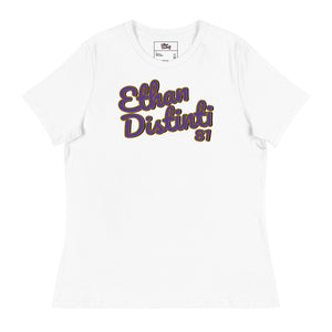 410.C(W) - White - BIG PRINT - Purple/Old Gold/Black Text - Women's Relaxed T-Shirt