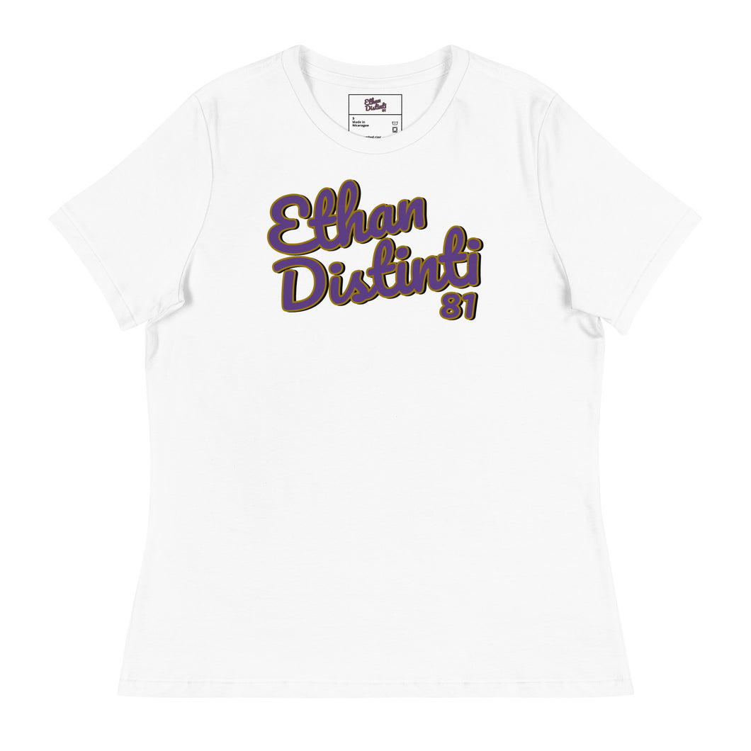 410.C(W) - White - BIG PRINT - Purple/Old Gold/Black Text - Women's Relaxed T-Shirt