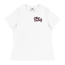 Load image into Gallery viewer, 410.C(W) - White - Small Print - Purple/Old Gold/Black Text - Women&#39;s Relaxed T-Shirt
