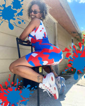 Load image into Gallery viewer, Paint Everywhere #2 - White, White Stitching, With Royal Blue/Red Paint Splash Designs, Red Text - Sublimation Cut &amp; Sew Dress
