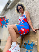 Load image into Gallery viewer, Paint Everywhere #2 - White, White Stitching, With Royal Blue/Red Paint Splash Designs, Red Text - Sublimation Cut &amp; Sew Dress
