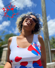 Load image into Gallery viewer, Paint Everywhere #2 - White, White Stitching, With Royal Blue/Red Paint Splash Designs, Red Text - Sublimation Cut &amp; Sew Dress
