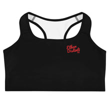 Load image into Gallery viewer, Art 101 - Black - Red Text, With Black Piping - Sports bra
