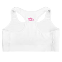 Load image into Gallery viewer, Art 102A - White - Pink Text - White Piping - Sports bra

